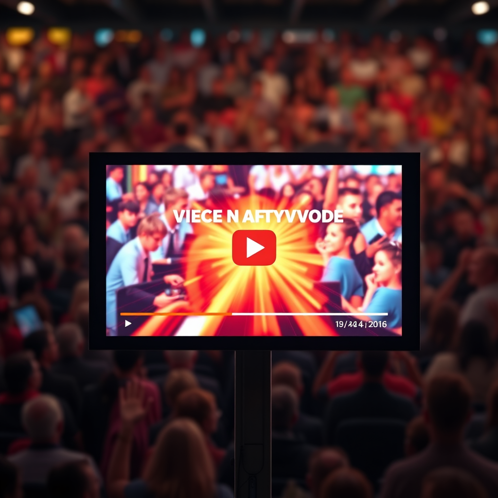 Create a photorealistic image of a dynamic video advert playing on a large digital screen. The video should feature vibrant colors, engaging visuals, and a clear message. The background should be a blurred image of a diverse audience, suggesting broad appeal. Use a color palette of bold reds, oranges, and yellows to convey energy and excitement. The overall feel should be modern and attention-grabbing, inspiring viewers to take action. The lighting should be dramatic and eye-catching.