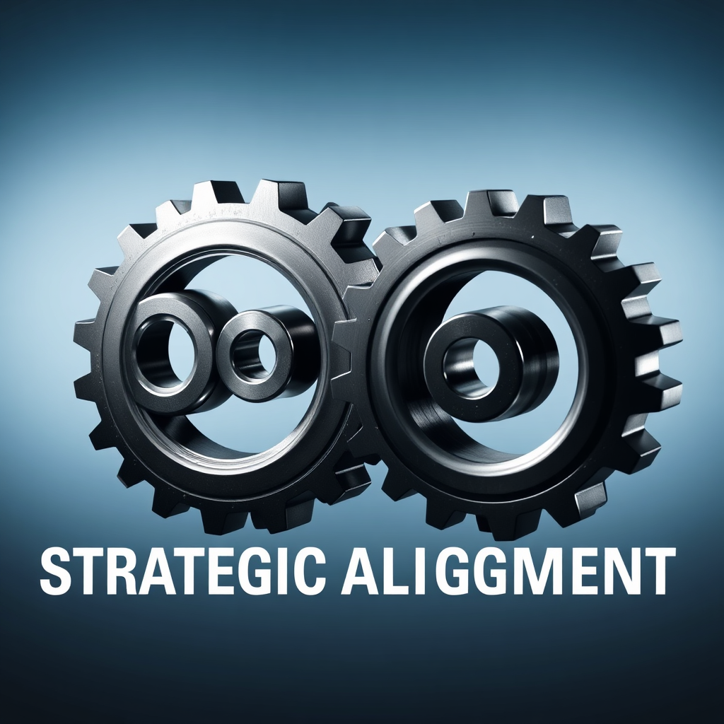 Create a visual representation of gears interlocking and working together, symbolizing strategic alignment. The gears should be made of metal and have a polished, professional look. The background should be a subtle gradient of blues and grays. Use a color palette that conveys stability and reliability. The lighting should be dramatic and highlight the interlocking nature of the gears. This image should be photorealistic and high resolution.