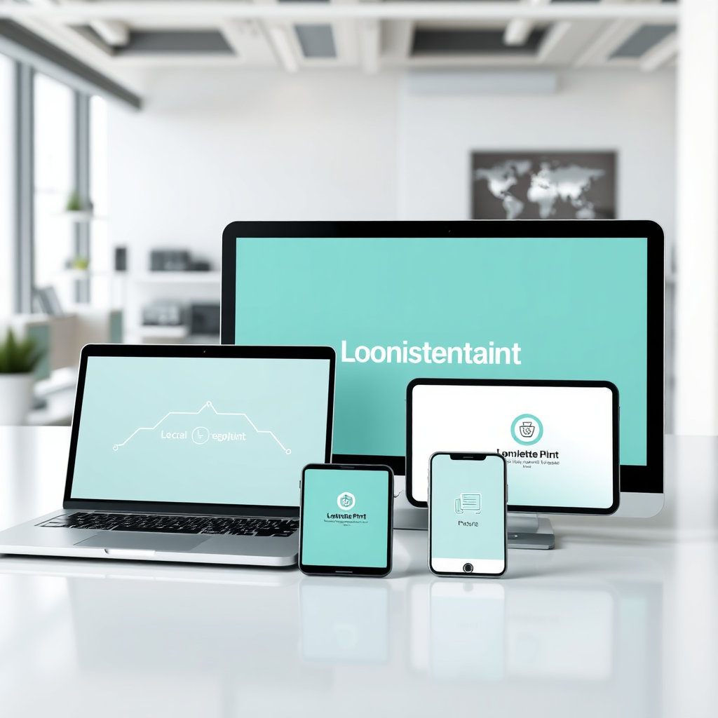 Create a visually striking image showing various devices (laptop, tablet, smartphone) displaying the same consistent branding elements, such as logo, color scheme, and font. The devices should be seamlessly interconnected, forming a network. The background should be a clean, modern workspace. Use a cohesive color palette that reinforces the idea of brand consistency. The lighting should be soft and professional. Overall, the image should convey a sense of unity and integration across different platforms. Ensure high resolution and photorealistic rendering.