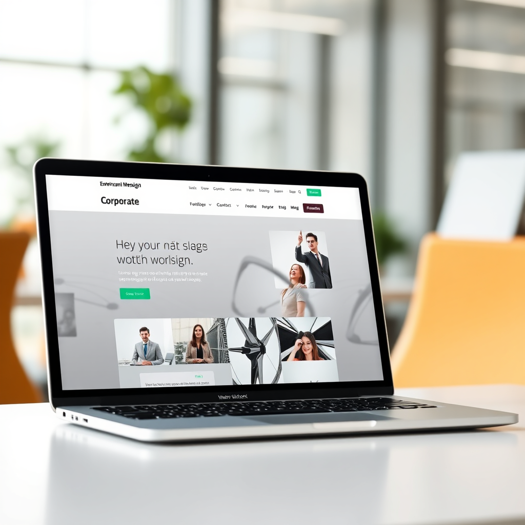 Create an image showcasing a clean, modern website design displayed on a laptop screen. The website should have a professional layout and engaging visuals. The background should be a blurred office environment. The color scheme should be corporate. The resolution should be high. Photorealistic.