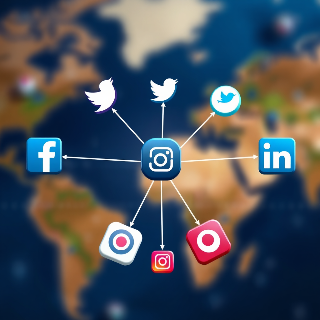 Create an image that shows various social media icons (Facebook, Twitter, Instagram, LinkedIn) radiating outwards from a central point, symbolizing increased reach and influence. The icons should be stylized and visually appealing. The background could be a blurred image of a global map. Use a color palette that conveys connectivity and social interaction. The lighting should be soft and inviting. This image should be high resolution and photorealistic.