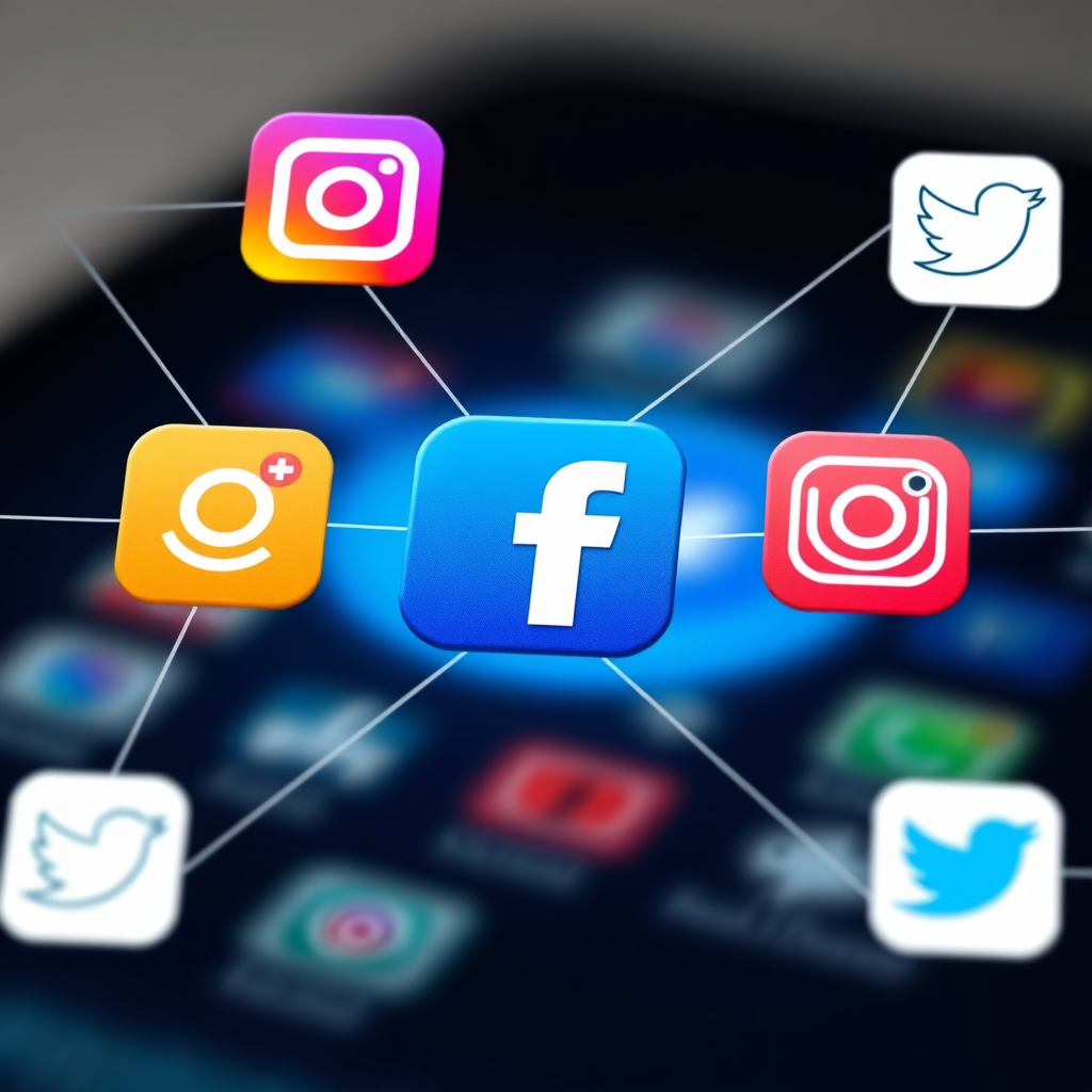 Design an image showing various social media icons (Facebook, Instagram, Twitter) connected by lines, symbolizing a network. The icons should be stylized and modern. The background should be a blurred image of a smartphone screen. The resolution should be high. Photorealistic.