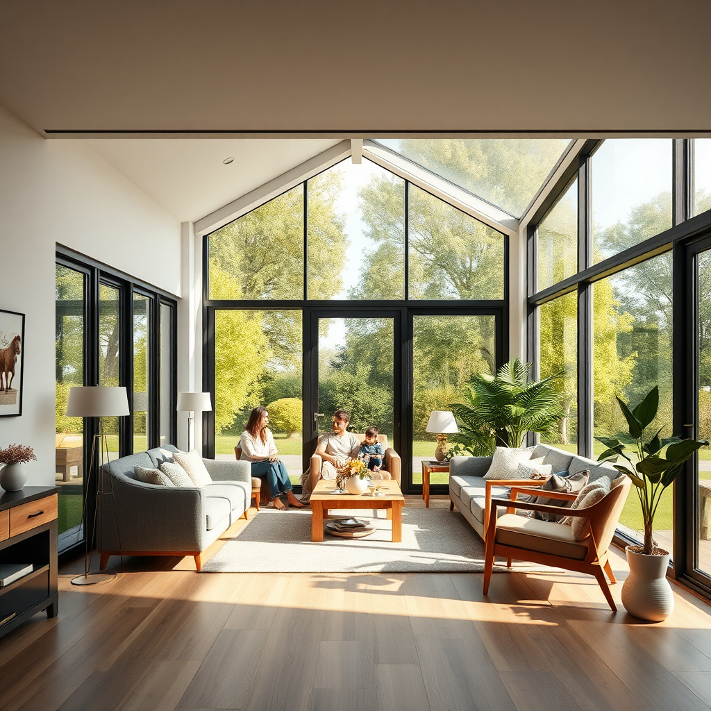 Interior shot of a modern home extension featuring large windows, comfortable furniture, and stylish décor. Natural light floods the room, creating a warm and inviting atmosphere. A family is gathered in the space, enjoying the new extension. Render in 4K resolution.