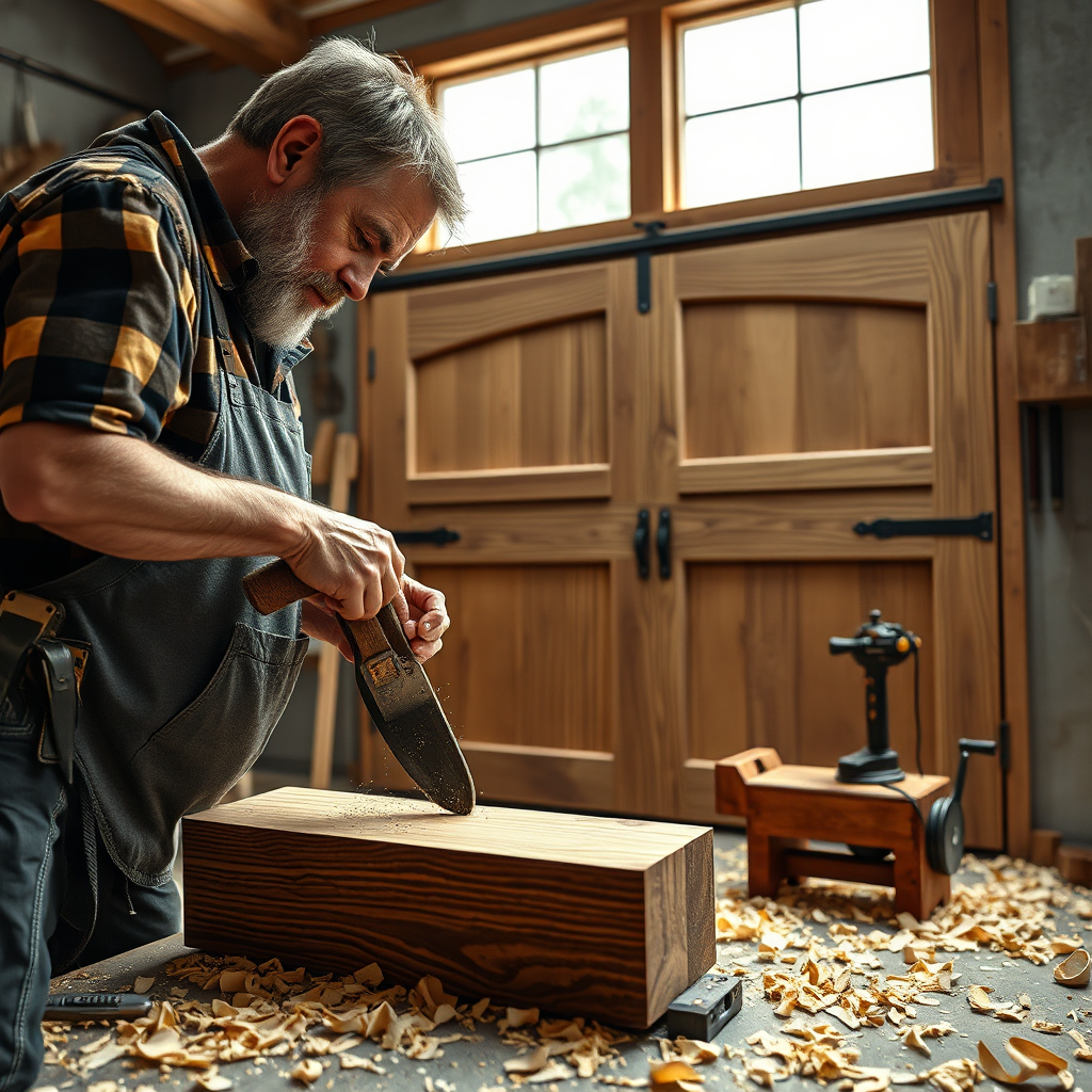 Photorealistic image of a craftsman using traditional woodworking tools to create a custom garage door. The scene should be set in a well-lit workshop, with wood shavings scattered on the floor. Focus on the craftsman's hands and the intricate details of the woodworking. Render in 4K resolution.