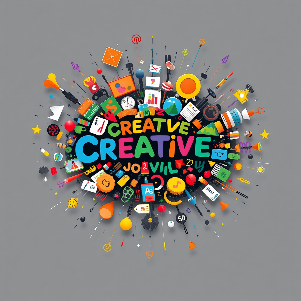 Visualize a burst of creative energy emanating from a central point, forming a vibrant and colorful array of images, illustrations, and typography. The image should convey a sense of artistic expression and originality. The background could be a dark, neutral color to make the colors pop. Use a color palette of bold and contrasting colors. The lighting should be dramatic and create a sense of depth. This image should be stylized and high resolution.