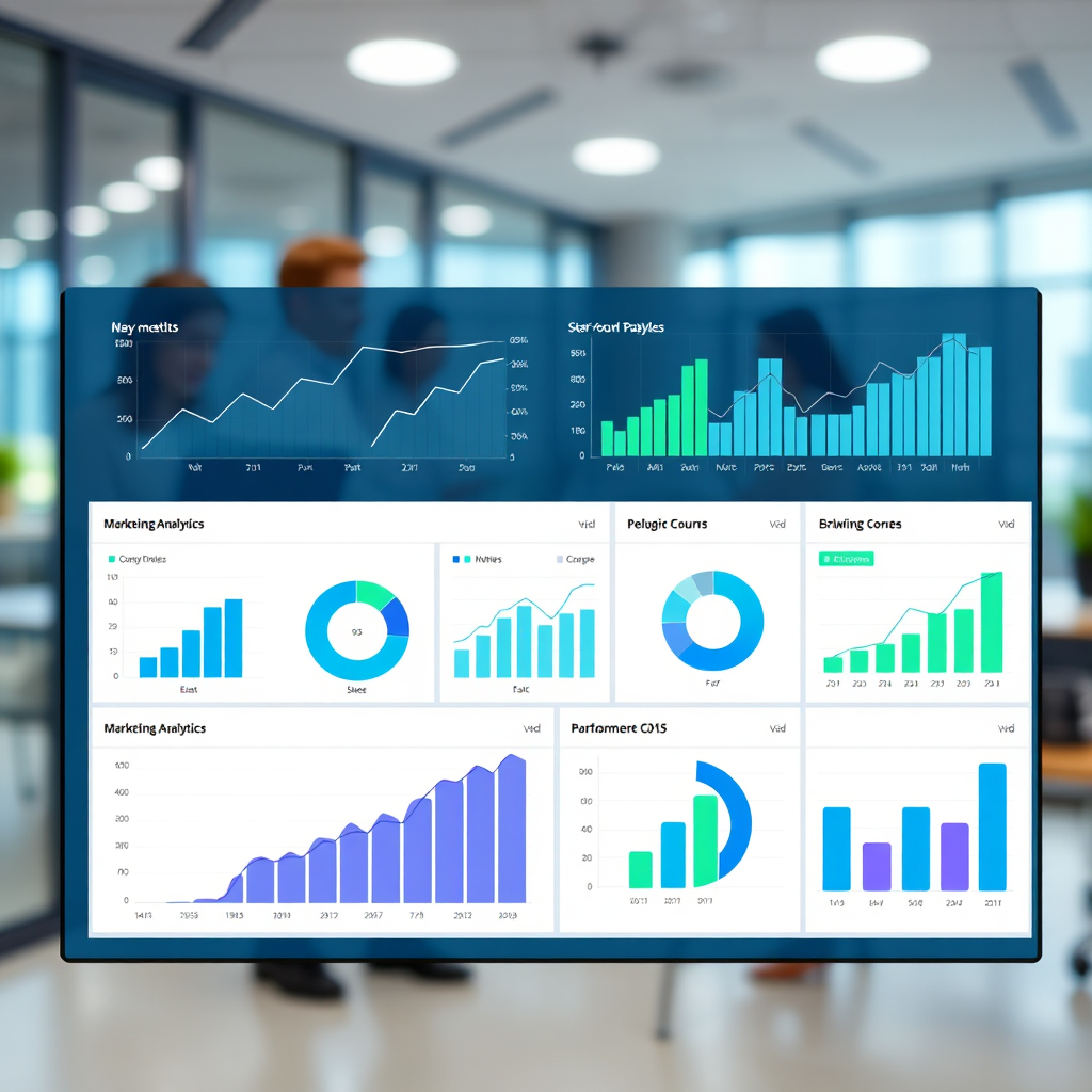 Visualize a dashboard with charts and graphs displaying marketing analytics data. The dashboard should be clean and easy to understand, with key metrics highlighted. The background could be a blurred image of a team collaborating in a modern office. Use a color palette of blues, greens, and grays to convey a sense of data-driven insights. The lighting should be bright and professional. Ensure the image is photorealistic and of high resolution.