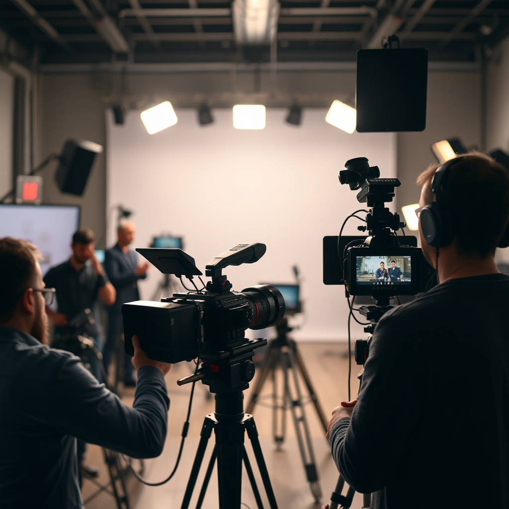Visualize a professional video production set with cameras, lighting, and crew. The focus should be on capturing high-quality footage. The background should be a studio setting. The color palette should be neutral. The resolution should be high. Photorealistic.