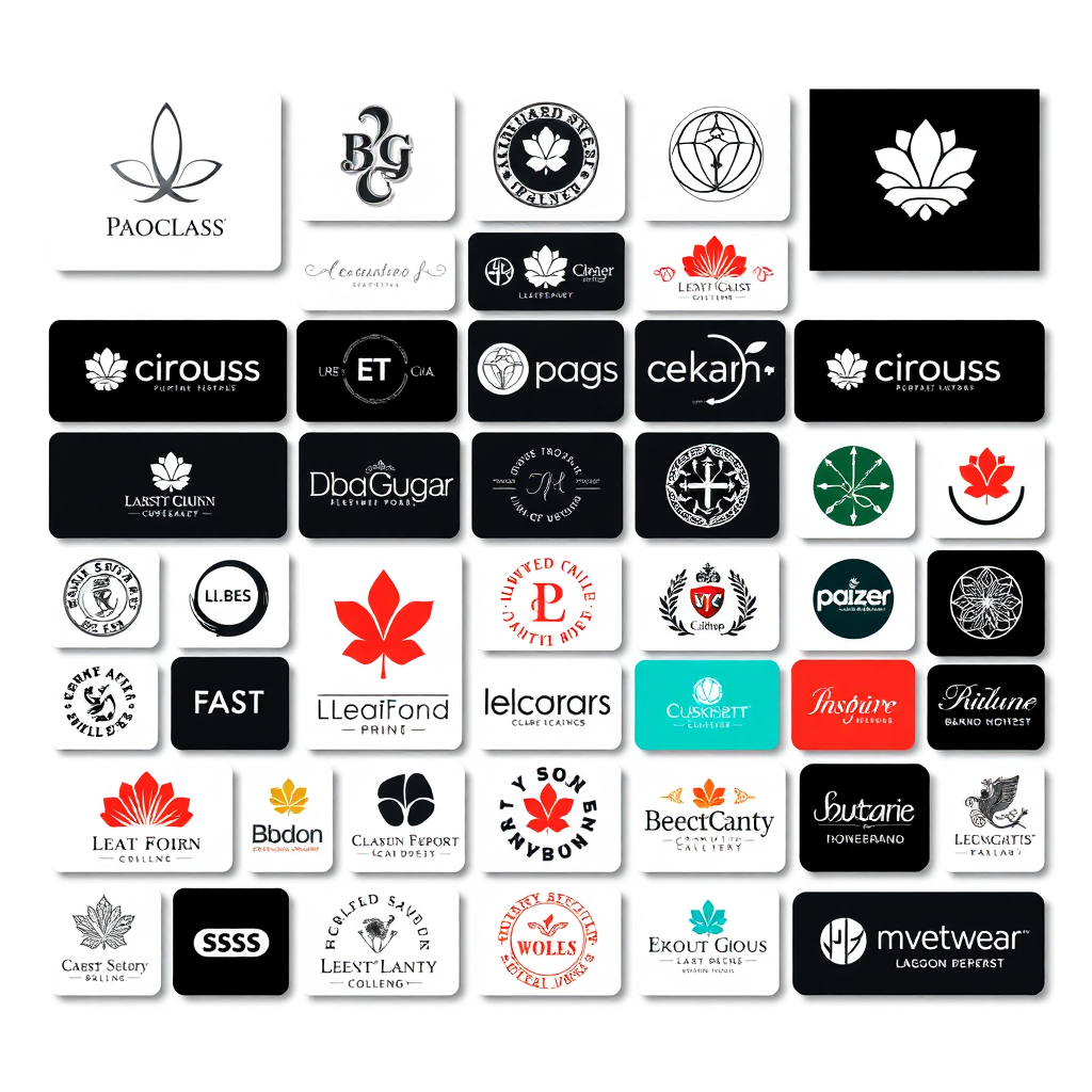 Visualize a series of beautifully crafted logos and branding elements arranged in an aesthetically pleasing composition. The artwork should be diverse and represent a range of industries and styles. The background should be a clean, minimalist white space, allowing the artwork to stand out. Use a color palette of sophisticated blacks, whites, and grays, accented by pops of vibrant color to add personality. The overall feel should be elegant and refined, conveying a sense of creativity and attention to detail. High resolution and photorealistic.