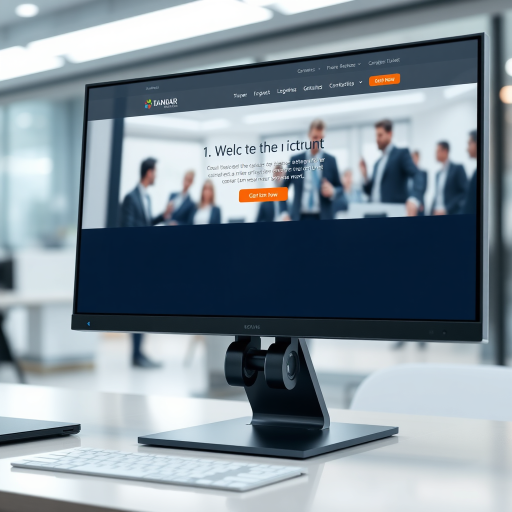 Visualize a sleek, modern website interface displayed on a high-resolution monitor. The design should be clean and intuitive, with a clear call-to-action button prominently featured. The background should be a blurred image of a bustling office environment, subtly suggesting the business focus. Use a color palette of professional blues and grays, accented by pops of vibrant color to draw the eye. The overall feel should be sophisticated and user-friendly, conveying a sense of trust and reliability. This should be photorealistic and high quality.