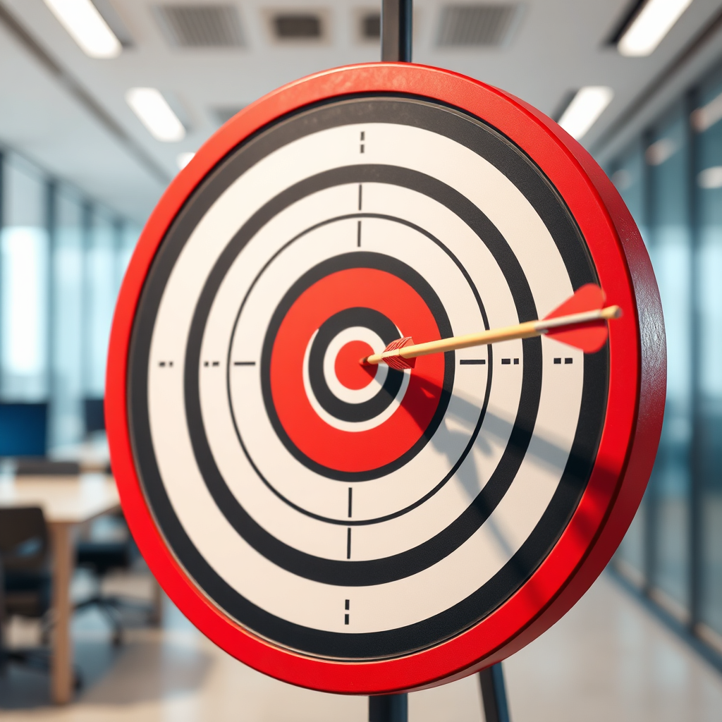 Visualize a target with an arrow hitting the bullseye, symbolizing precise targeting. The target should be modern and stylized, with a clean and professional look. The background could be a blurred image of a corporate office environment. Use a color palette that conveys accuracy and focus. The lighting should be bright and highlight the bullseye. This image should be photorealistic and high resolution.