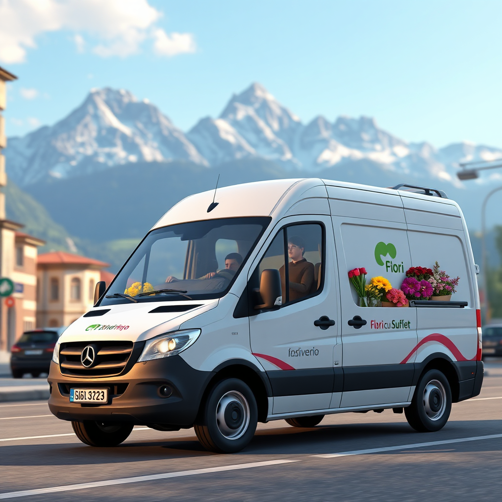Depict a delivery van with the "Flori cu Suflet Sinaia" logo driving through the scenic streets of Sinaia. The background features the majestic Carpathian Mountains. The lighting is bright and cheerful, capturing the essence of a sunny day. The van is filled with colorful bouquets of flowers. The composition should convey a sense of efficiency and reliability, while also highlighting the natural beauty of the location. Style reference: Clean, modern delivery service advertisement.