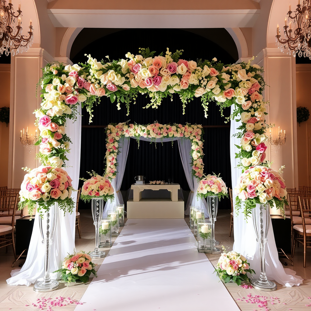 A beautifully decorated wedding venue with stunning floral arrangements from "Flori cu Suflet Sinaia", featuring a flower-covered arch, elegant centerpieces, and delicate bouquets. The lighting is soft and romantic, creating a magical atmosphere.