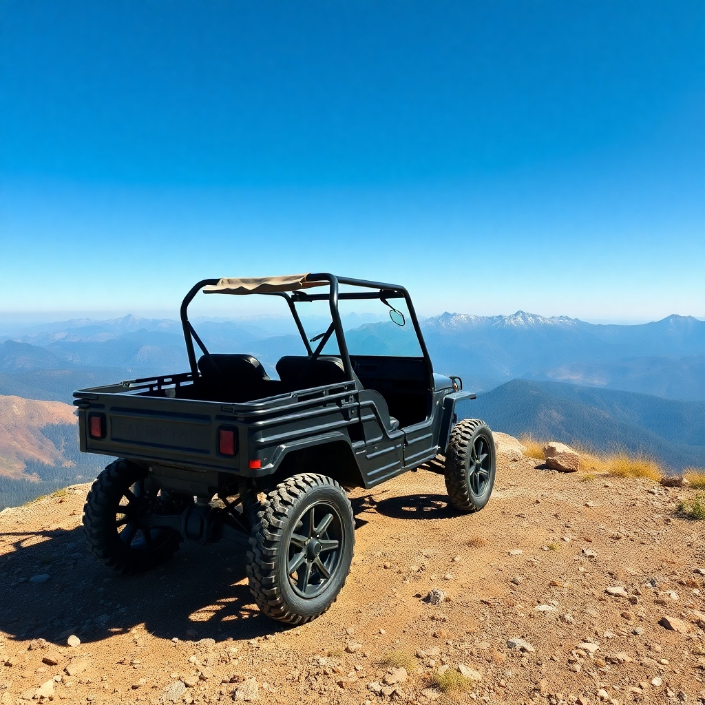 Create a photorealistic image of an ATV guide leading a group of riders through a challenging mountain pass. The guide is pointing out interesting landmarks and providing instructions. The image should convey expertise and leadership.