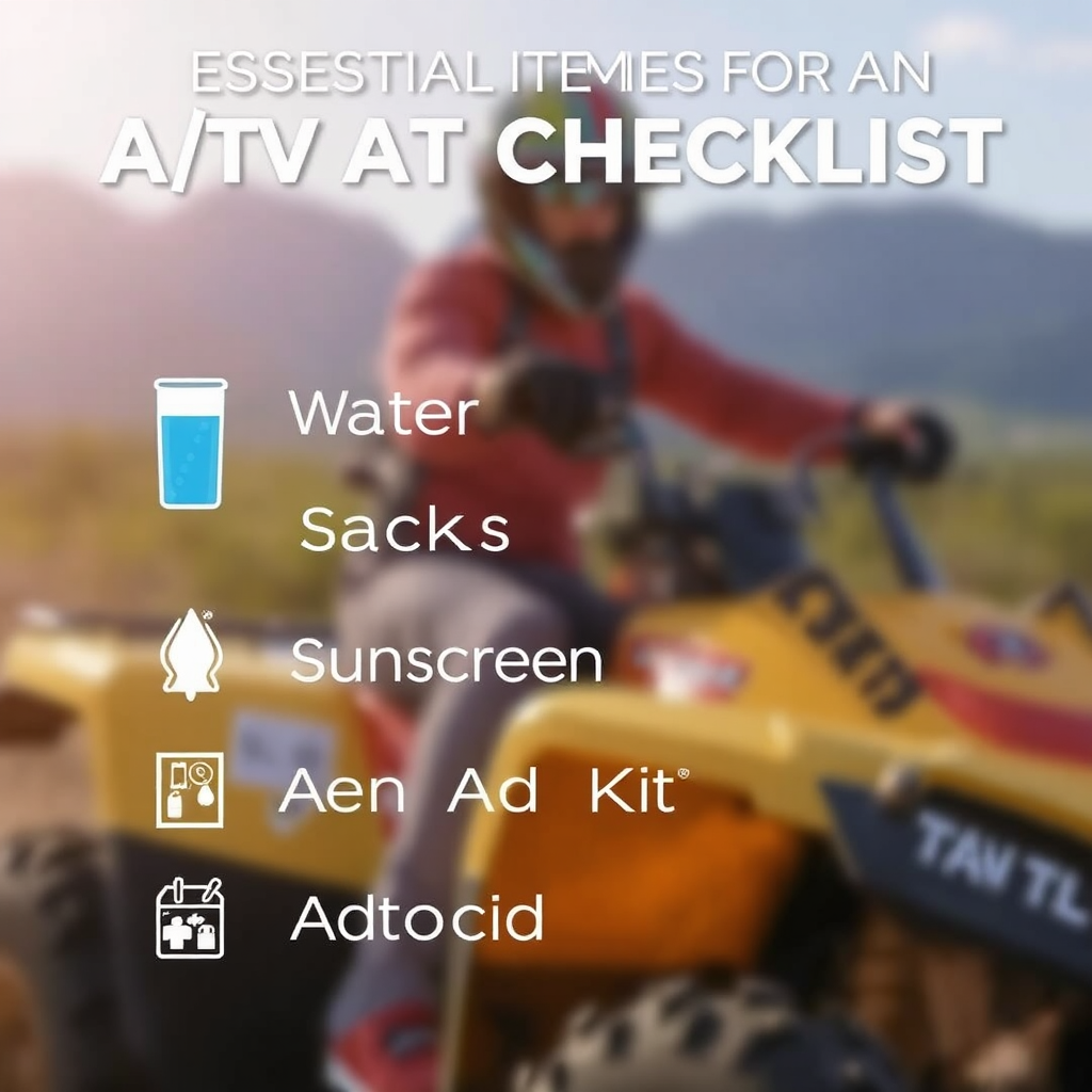 A checklist of essential items for an ATV adventure, including water, snacks, sunscreen, and a first-aid kit. The checklist is clear and easy to read, with accompanying icons. The background is a blurred image of an ATV rider. The image should help customers prepare for their adventure.