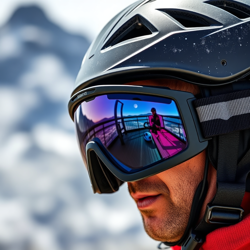 A close-up of a helmet, goggles, and other safety gear, emphasizing quality and protection, with a blurred mountain background.
