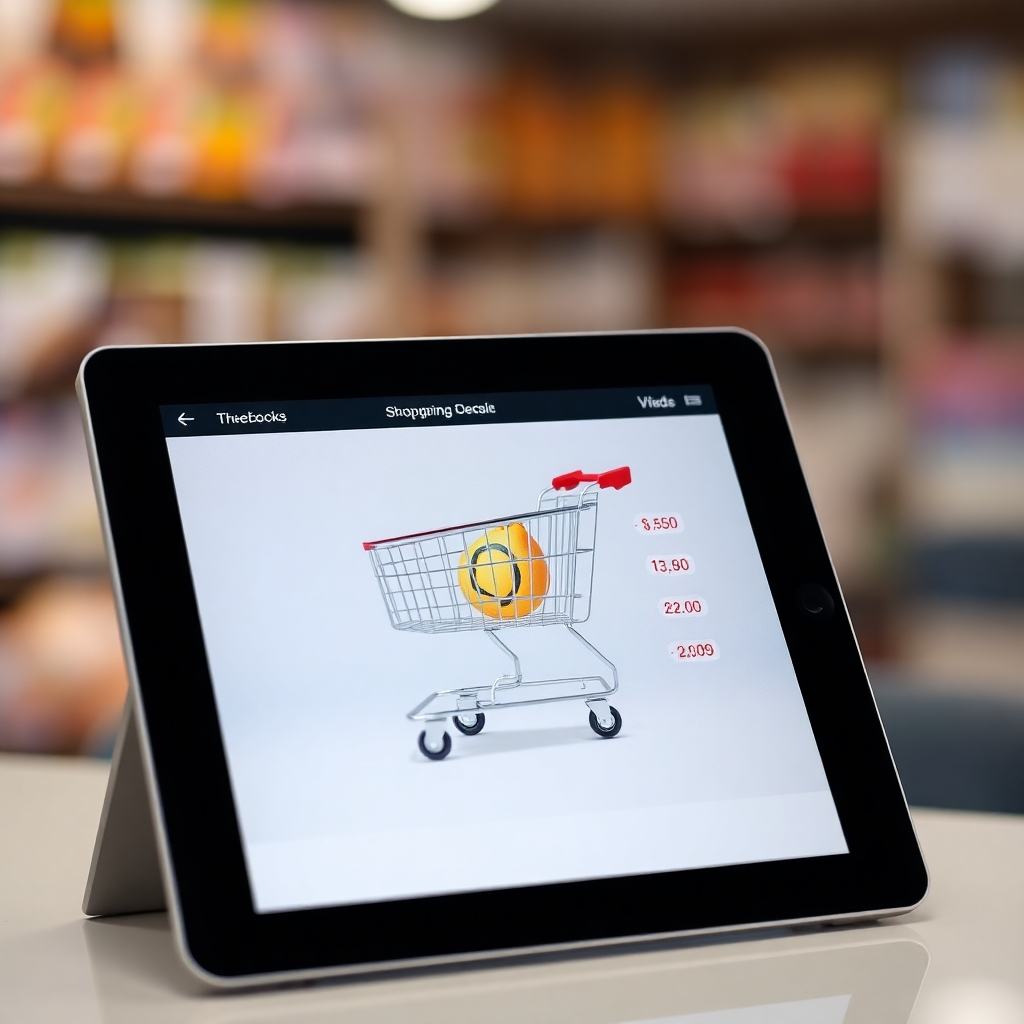  A close-up, photorealistic image of a tablet screen displaying a detailed shopping cart. The items should be clearly visible, with prices and quantities listed. The background should be blurred, focusing attention on the cart's contents. The lighting should be professional and clear, conveying a sense of accuracy and reliability.