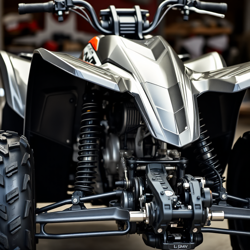 A close-up, photorealistic image of a modern ATV, highlighting its features and quality. Focus on details such as the tires, suspension, and controls. The ATV is clean and well-maintained, suggesting reliability and performance. The background is blurred, focusing attention on the ATV itself. Lighting is soft and even, showcasing the ATV's design and craftsmanship.
