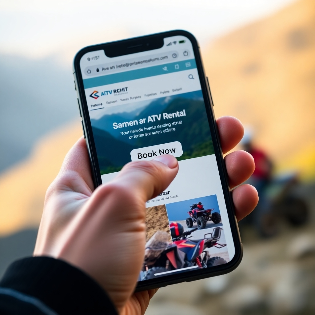  A close-up, photorealistic image of a hand clicking a 'Book Now' button on a smartphone screen displaying an ATV rental website. The background should be blurred, showing a scenic view of the mountains in Sinaia. The lighting should be warm and inviting, encouraging viewers to take action. The focus should be sharp on the button and the hand, creating a sense of urgency.