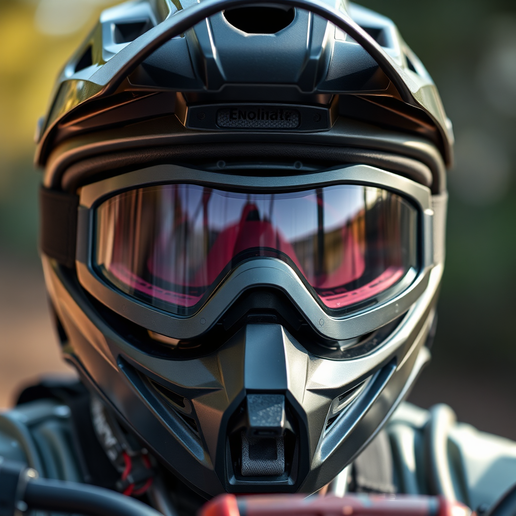 A close-up shot of a helmet, goggles, and other safety gear used for ATV riding. Focus on the quality and protective features of the equipment. Use soft lighting to convey a sense of safety and care.