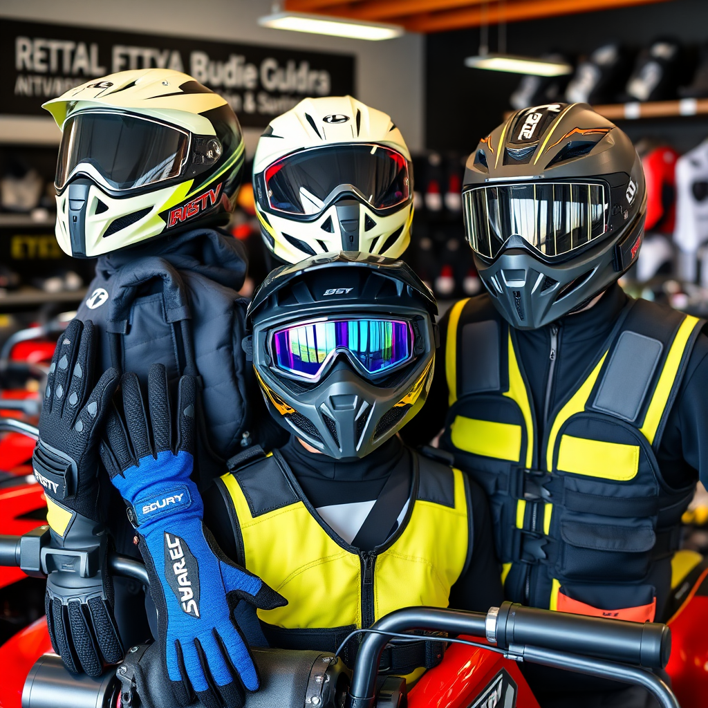 A display of high-quality ATV riding gear, including helmets, gloves, goggles, and protective vests. The gear is clean and well-organized, suggesting attention to safety and quality. The background is a professional-looking rental shop.