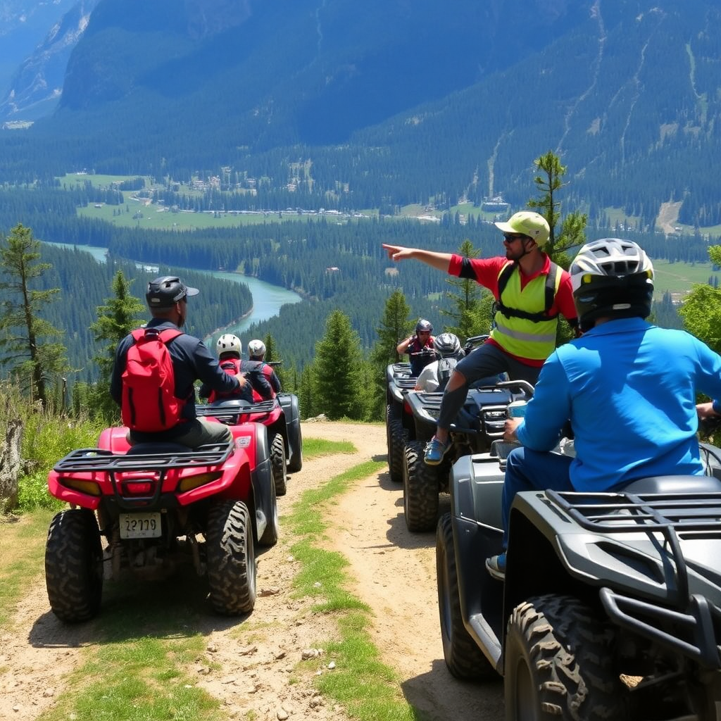 A dynamic image of a guided ATV tour on a mountain trail. The ATVs are following a guide, who is pointing out interesting landmarks. The background is a stunning mountain landscape with forests and rivers.