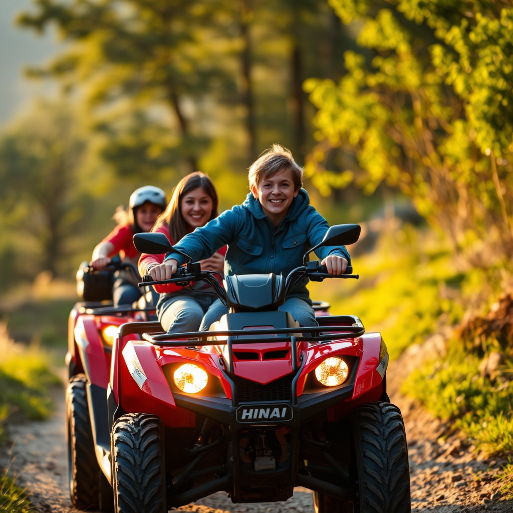 A family riding ATVs together on a gentle trail in Sinaia. The image conveys a sense of fun and togetherness. Use warm, inviting lighting.