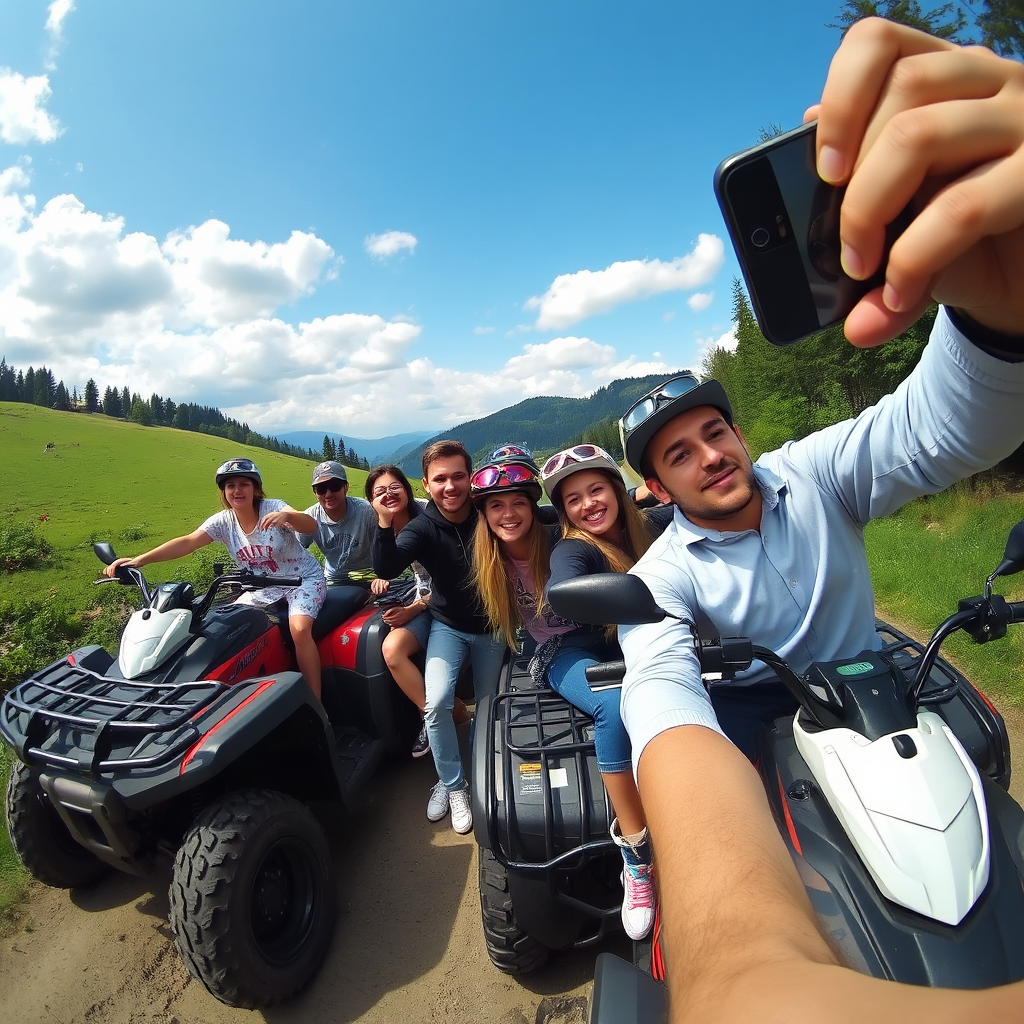 A group of friends taking a selfie while riding ATVs in Sinaia. The image conveys a sense of camaraderie and fun. Use candid, natural lighting.