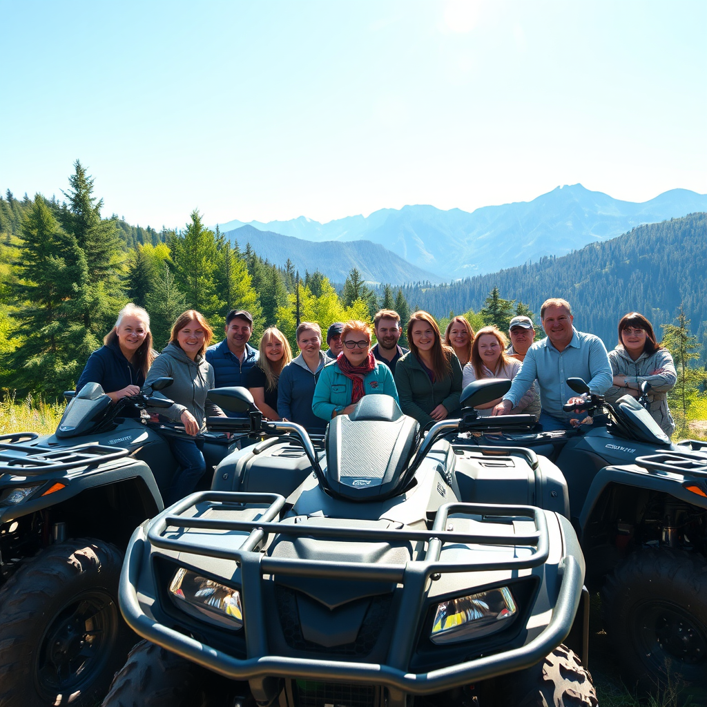 A high-quality, photorealistic 4K image depicting a group of smiling people, diverse in age and background, gathered around several parked ATVs in a scenic mountain setting near Sinaia, Romania. The background features lush green trees and the majestic Carpathian Mountains under a bright, sunny sky. The focus is on the camaraderie and excitement, showcasing the joy of outdoor adventure. The ATVs are clean and well-maintained, suggesting reliability and quality service. Camera angle is a medium shot, capturing both the people and the surrounding environment. The lighting is natural and warm, enhancing the feeling of happiness and adventure. Style: resembles a stock photo with a touch of adventure photography.
