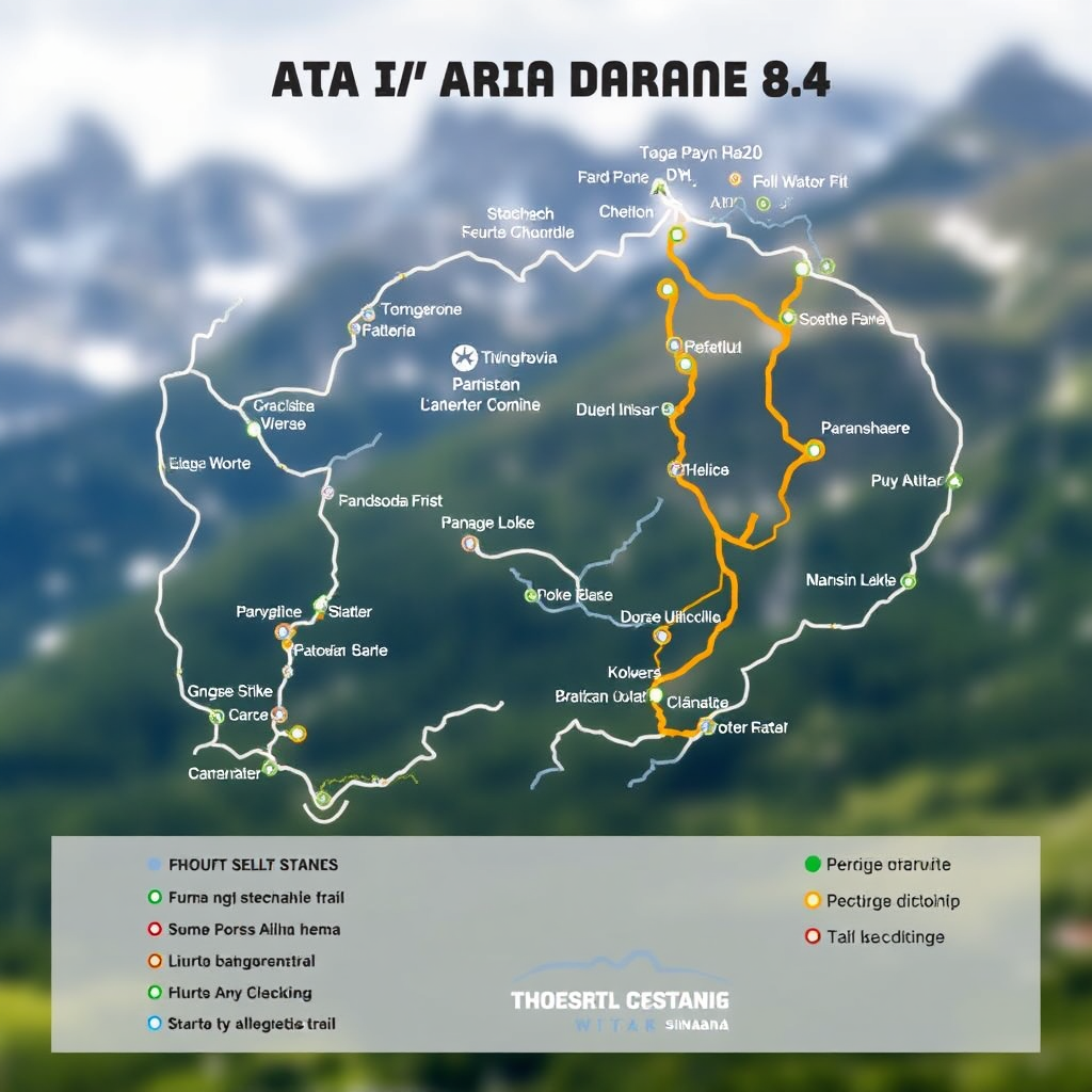 A map of ATV trails near Sinaia, highlighting different routes and difficulty levels. The map is clear and informative, with key landmarks and points of interest marked. The background is a blurred mountain landscape. The image should help customers choose the right trail for their skill level.
