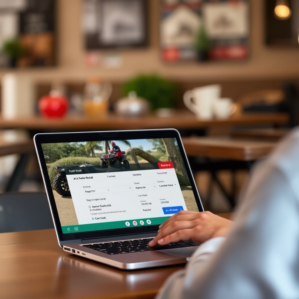 A person using a laptop to book an ATV rental online. The screen shows a user-friendly booking interface. The background is blurred, suggesting a cozy cafe setting. Focus on the ease and convenience of online booking. The lighting is soft and natural.