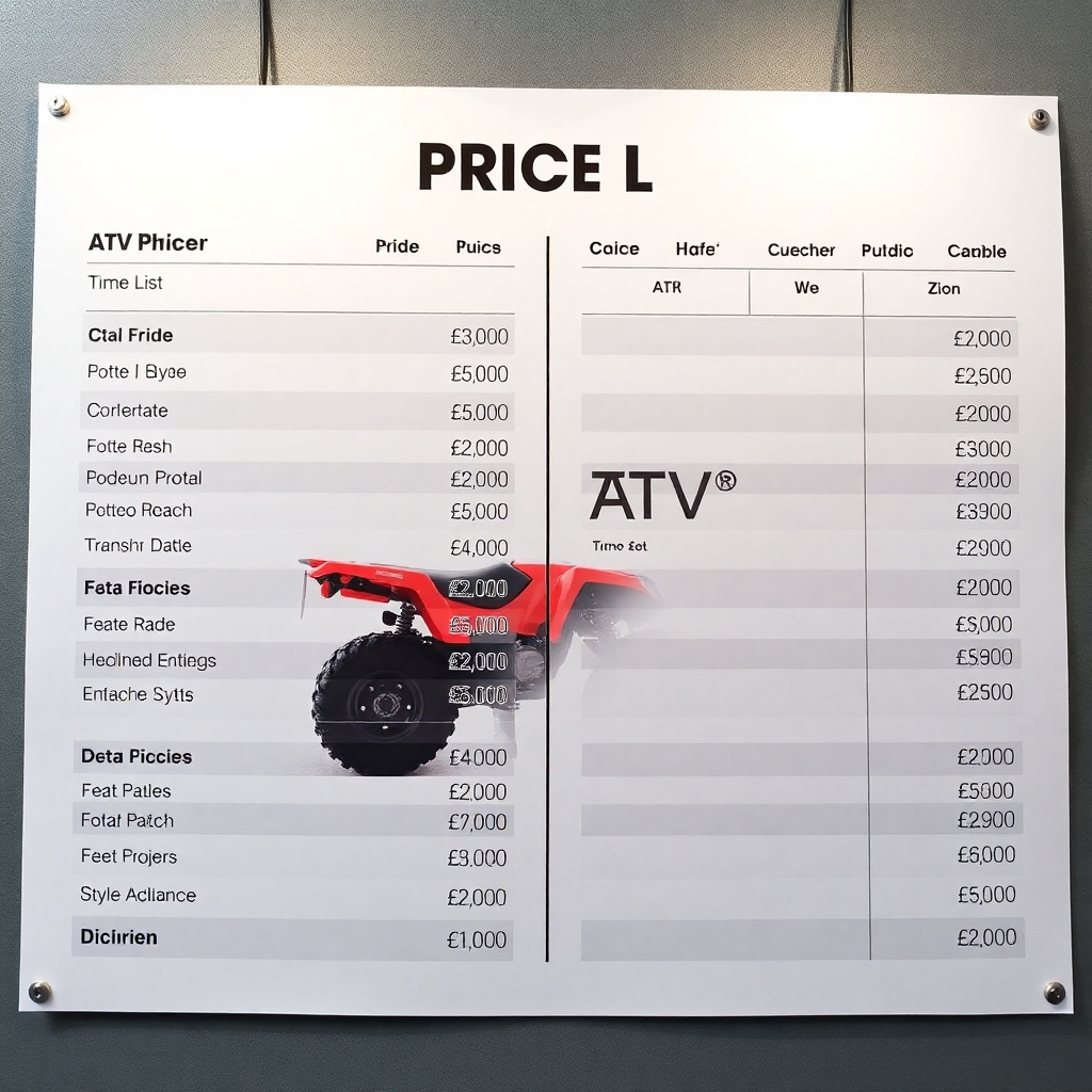 A photorealistic image of a detailed price list for ATV rentals in Sinaia. The design should be clean and organized, making it easy for customers to understand the different options. The lighting should be bright and professional, conveying transparency and clarity.