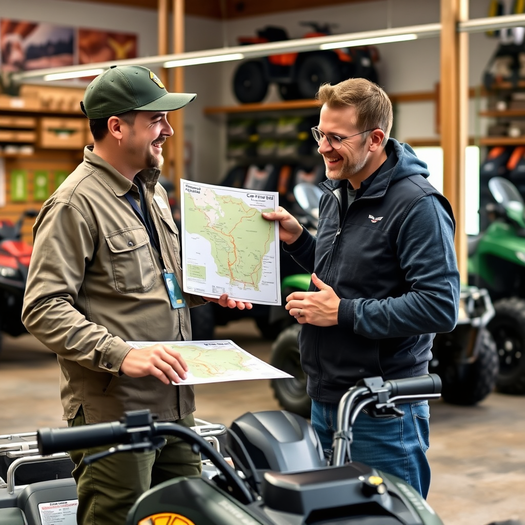 A photorealistic image of a friendly and knowledgeable staff member assisting a customer with choosing an ATV. The staff member is pointing to a map, explaining the different trail options. The customer is smiling and engaged. The background is a well-organized rental shop with various ATVs on display.