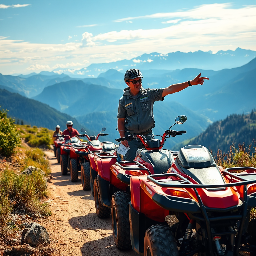 A photorealistic image of a group of ATVs led by a guide on a scenic mountain trail. The guide is pointing out interesting landmarks and sharing information about the area. The ATVs are following in a line, creating a sense of adventure and exploration. The background is a breathtaking mountain landscape.