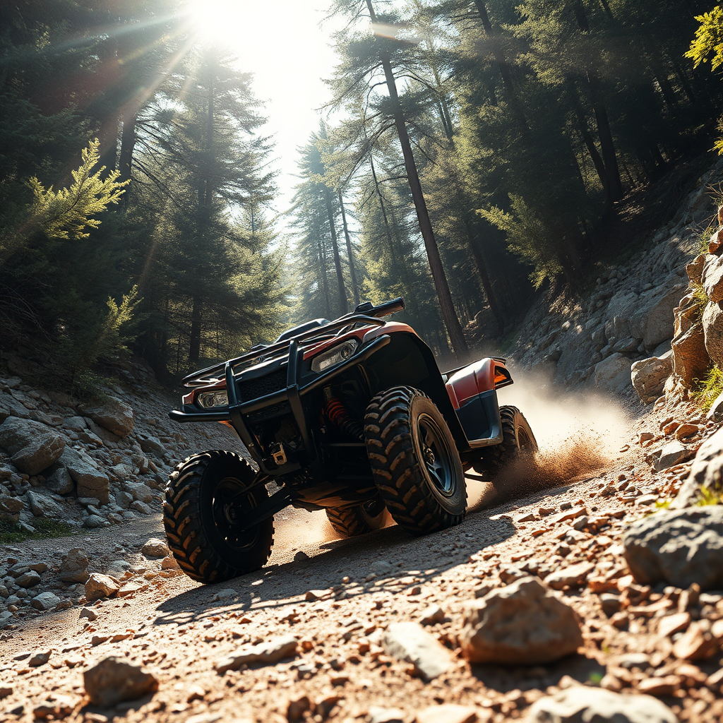 A photorealistic image of an ATV traversing a challenging mountain trail near Sinaia. The trail is rocky and steep, with dense forest on either side. Sunlight streams through the trees, creating dramatic lighting. The ATV is kicking up dust and rocks, conveying a sense of adventure and excitement. Focus on the ruggedness of the terrain and the power of the ATV. Camera angle is a low angle shot, emphasizing the height of the climb and the difficulty of the terrain.