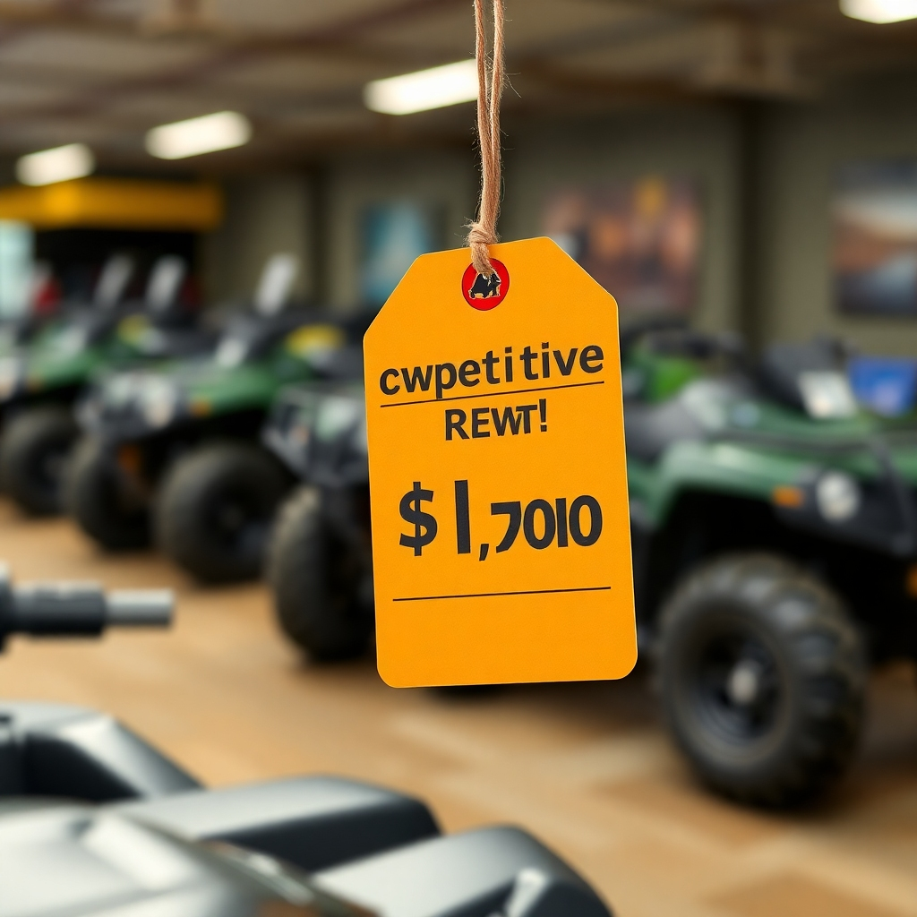A photorealistic image showcasing a price tag or banner displaying competitive ATV rental prices. The background should be blurred, showing a fleet of ATVs ready for use. The lighting should be bright and professional, conveying a sense of value and affordability. The focus should be sharp on the price tag, attracting attention to the offer.