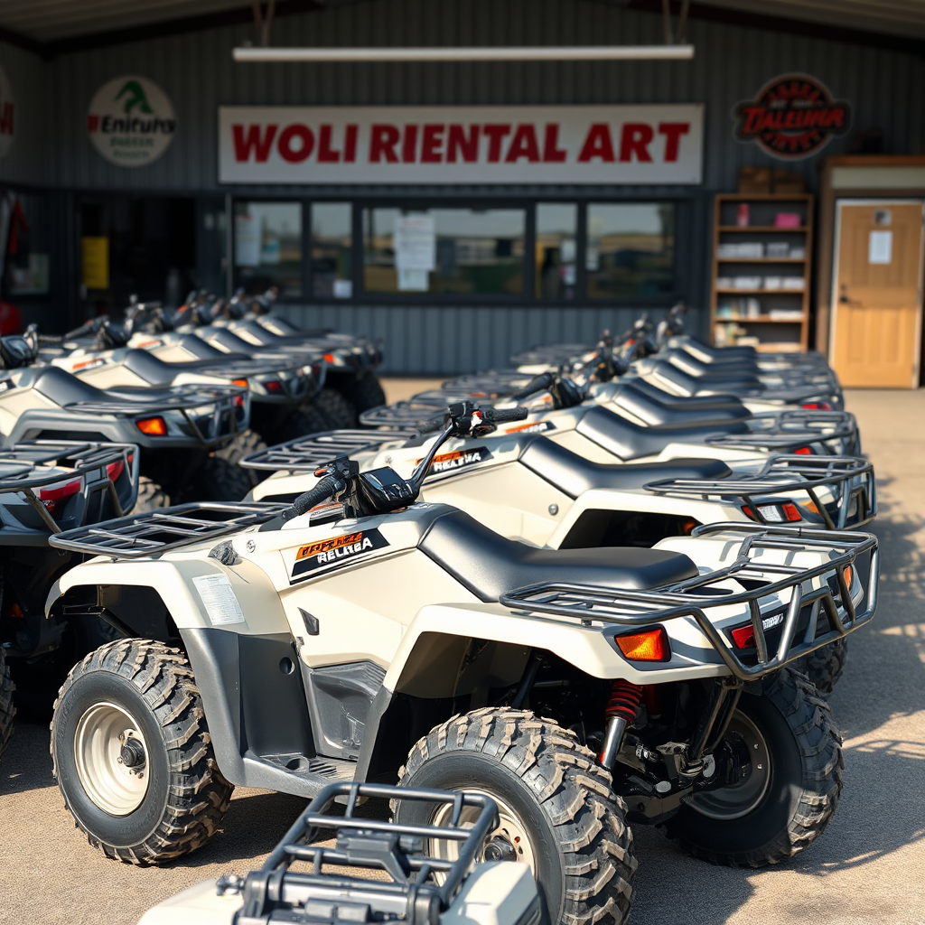 A photorealistic image showcasing a variety of ATVs lined up at a rental facility. Different models and sizes are visible, suggesting a wide range of options. The ATVs are clean and well-maintained. The background is a professional-looking rental shop.