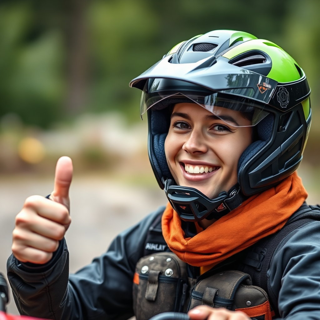 A photorealistic image showing a person wearing a helmet and other protective gear related to ATV riding. The person is smiling and giving a thumbs-up, conveying a sense of safety and confidence. The background is blurred, focusing attention on the protective gear. The image should inspire trust and reassurance.