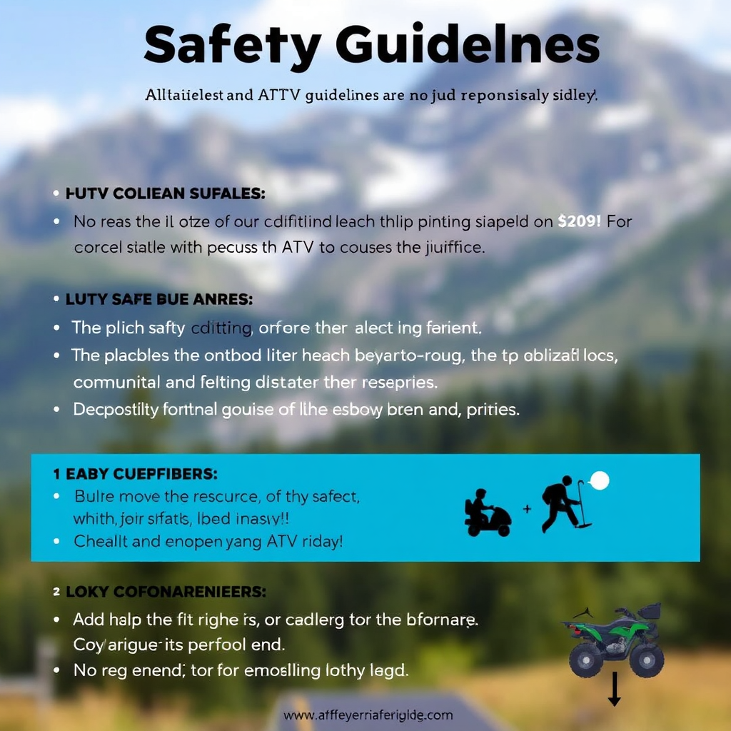A set of safety guidelines for ATV riding, emphasizing responsible behavior and environmental awareness. The guidelines are clear and concise, with accompanying illustrations. The background is a blurred image of a pristine mountain landscape. The image should promote safe and responsible ATV riding.