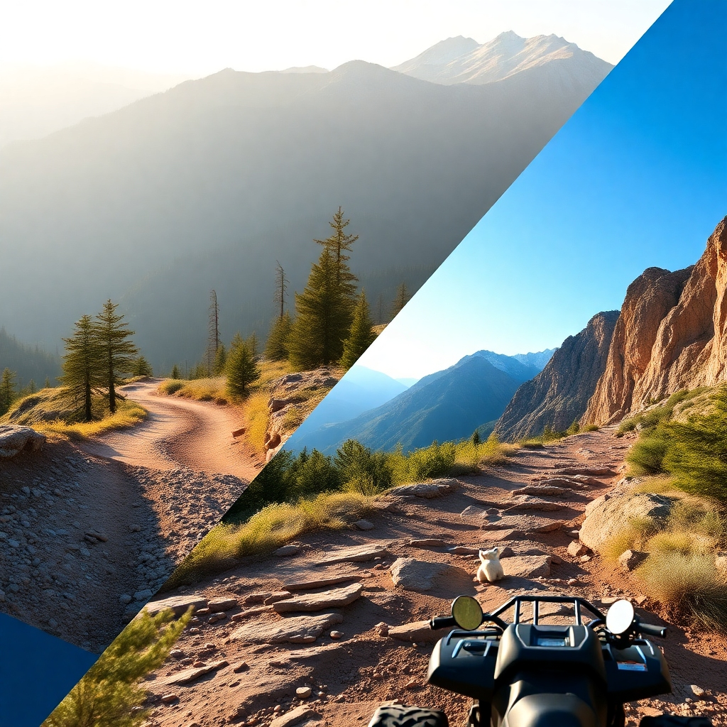 A split-screen image showcasing two different ATV trails: one easy and scenic, the other challenging and rugged. The lighting should highlight the differences in terrain and difficulty. The color palette should be natural and inviting, showcasing the beauty of the mountain landscape.