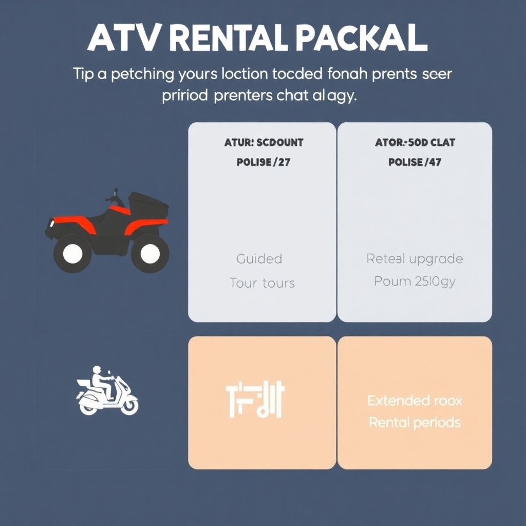 A stylized image illustrating different ATV rental packages with icons representing various options such as guided tours, equipment upgrades, and extended rental periods. The color palette should be clean and modern, with a focus on visual clarity and easy-to-understand information. The style should be simple and informative.