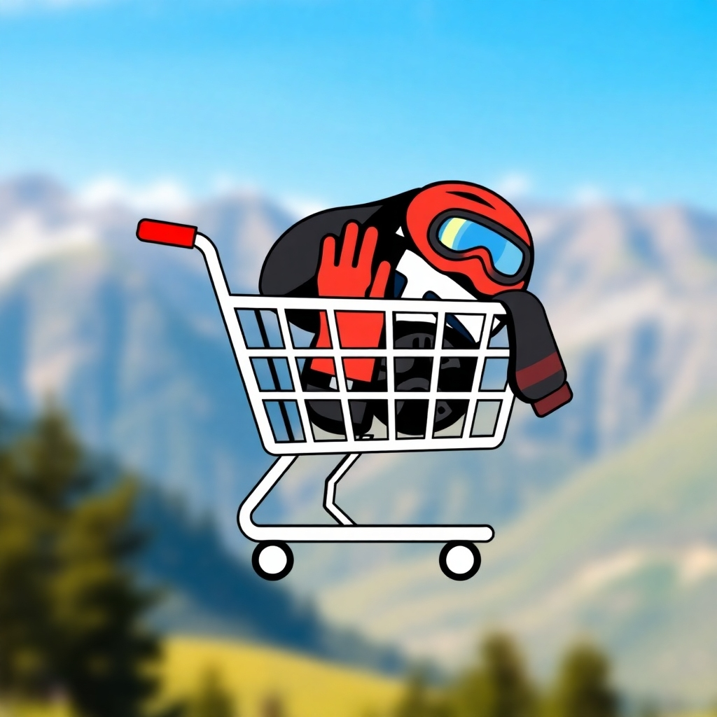  A stylized image of a shopping cart icon with various ATV accessories (helmet, gloves, goggles) gently falling into it. The background should be a soft, blurred image of the Sinaia mountains, suggesting adventure and excitement. The color palette should be vibrant and inviting, creating a sense of ease and convenience.