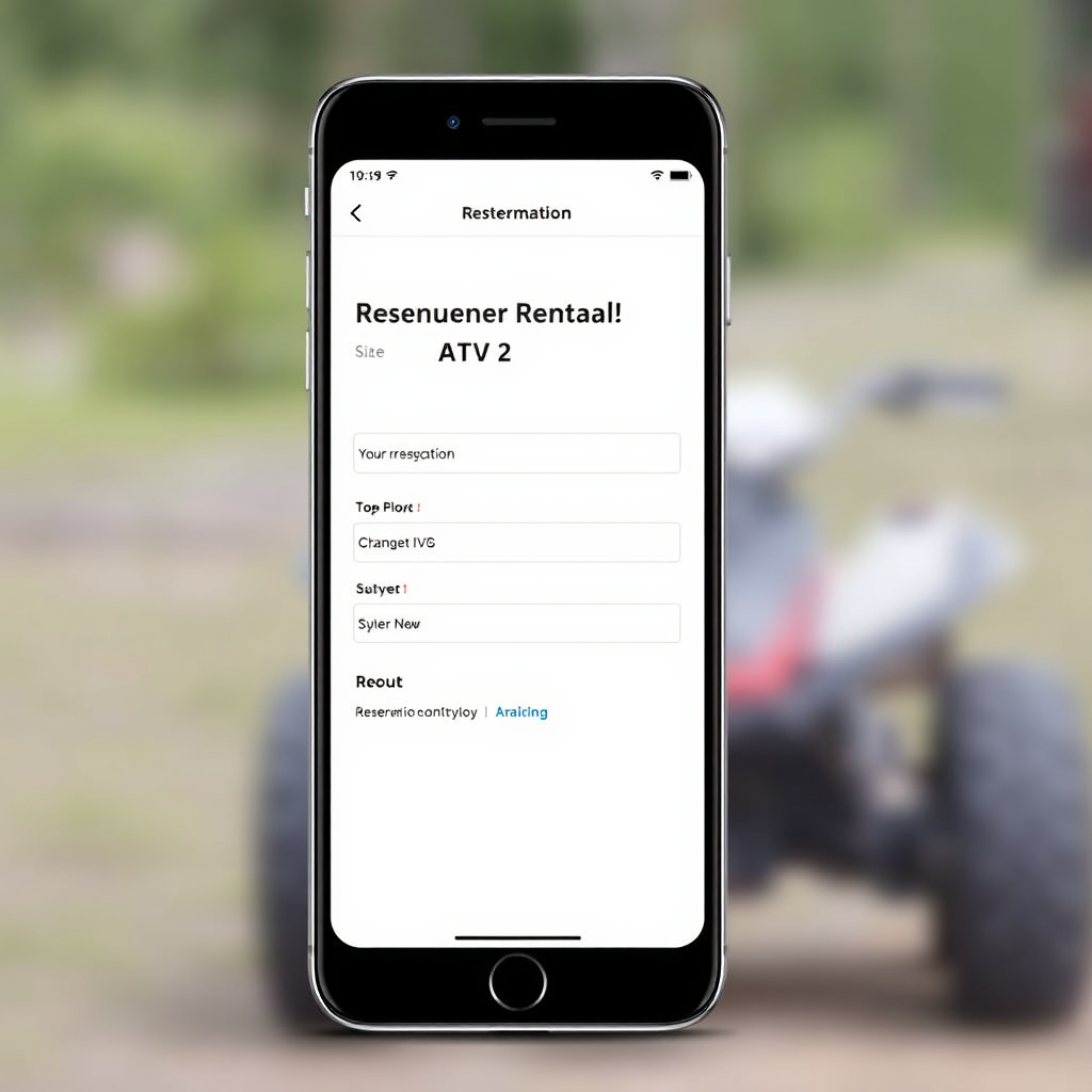 A stylized image of a smartphone displaying a reservation confirmation screen for ATV rentals. The screen is clean and user-friendly, with clear information about the booking. The background is blurred, focusing attention on the smartphone. The image should convey ease and convenience.