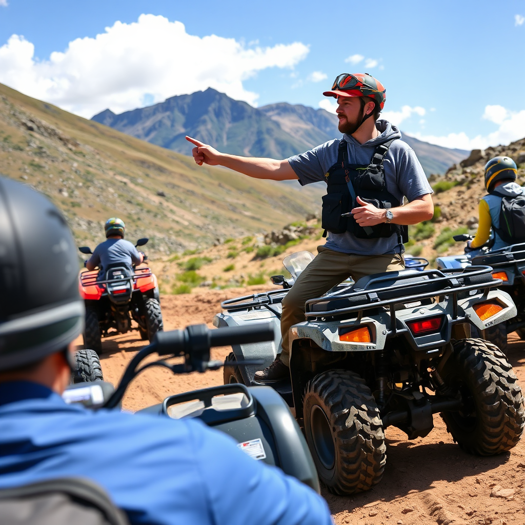 An ATV guide leading a group of riders through a mountain trail. The guide is pointing out landmarks and providing instructions. The image conveys a sense of expertise and leadership.