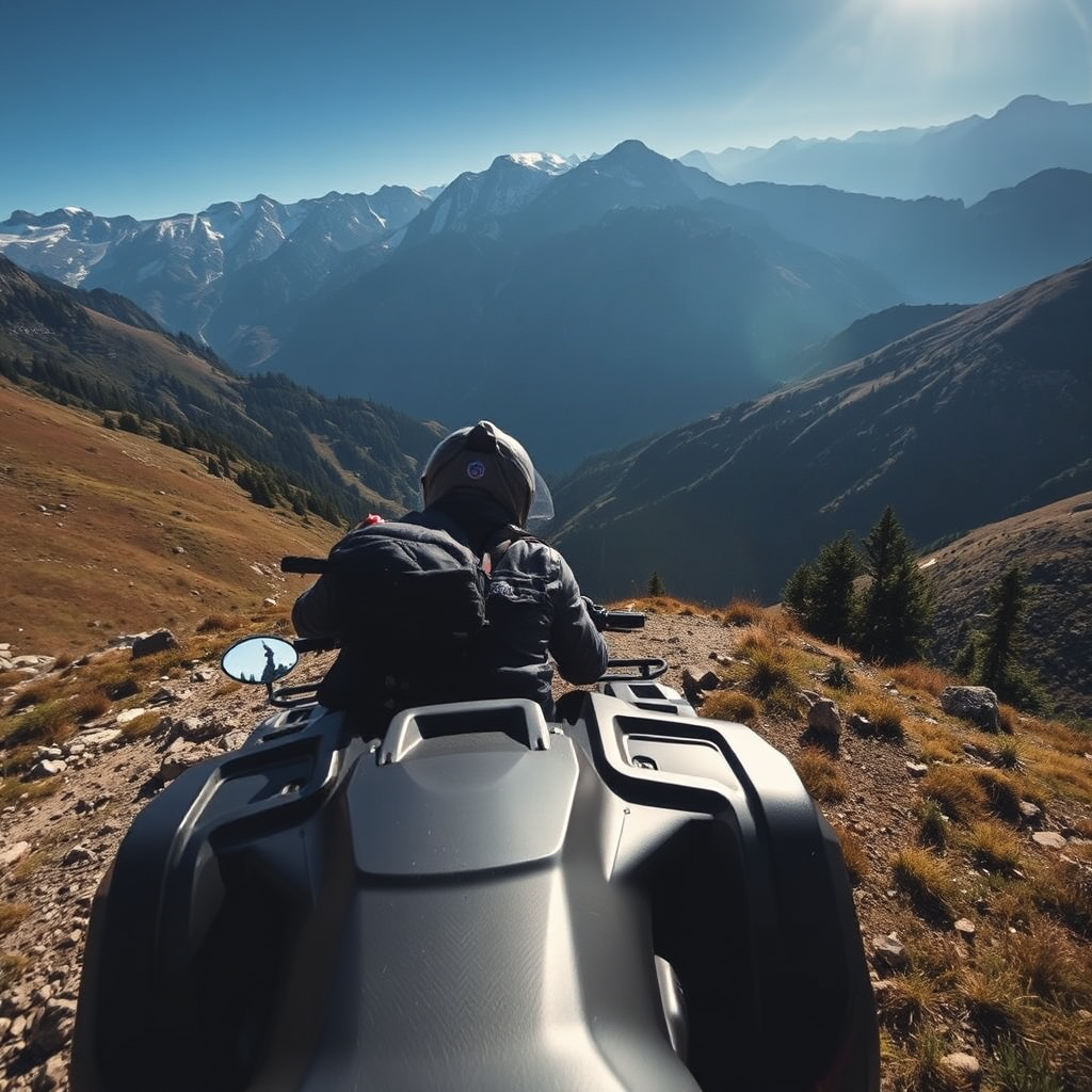 An ATV navigating a challenging mountain trail in Sinaia. The focus is on the scenic beauty of the landscape and the feeling of exploration. Use dramatic lighting to highlight the depth and scale of the mountains.