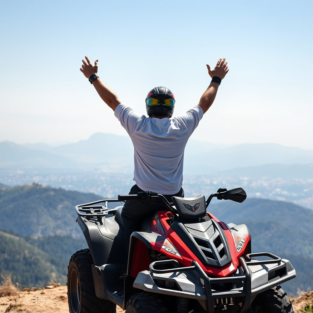 An ATV rider raising their arms in triumph on top of a mountain, with a panoramic view of Sinaia in the background. The image conveys a sense of accomplishment and exhilaration. Use bright, sunny lighting.