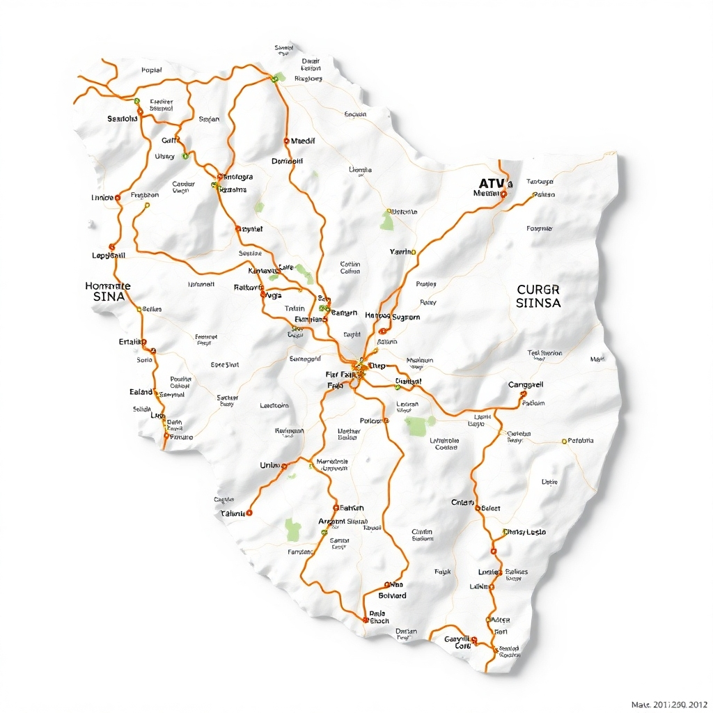 An overhead, photorealistic shot of a detailed map of ATV trails around Sinaia. The map should be clearly marked with different routes, landmarks, and points of interest. The lighting should be even and bright, making it easy to read the map. The style should be informative and visually appealing.