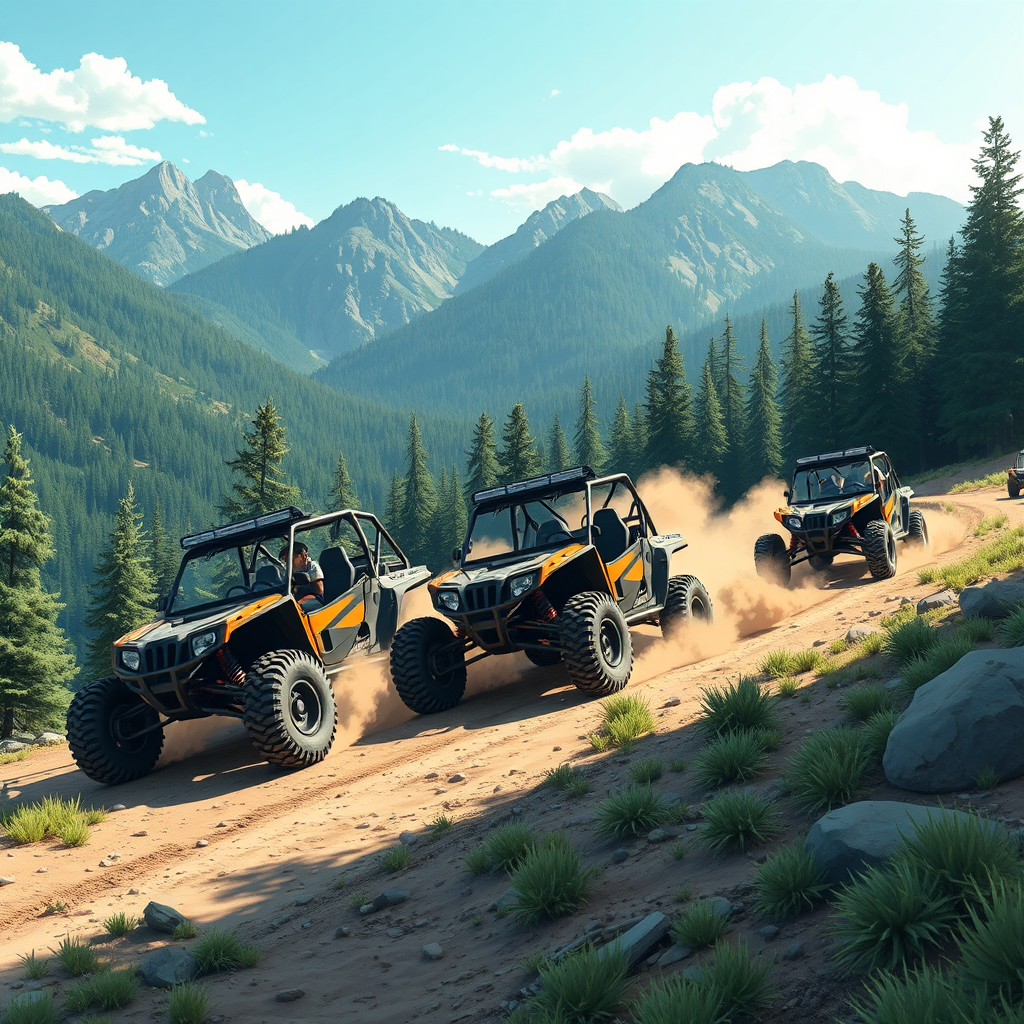 A high-quality (4K) image representing the Atv Sinaia Inchirieri Atv Sinaia experience. Depict a modern, clean ATV rental facility nestled against a backdrop of the Sinaia mountains. The image should feature friendly staff assisting customers with ATV rentals. Include elements like maps, helmets, and a range of ATVs. The lighting should be warm and inviting, highlighting the professionalism and welcoming atmosphere of the business. The camera angle is a medium shot capturing the front of the building and some of the surrounding mountain scenery. Consider adding subtle branding elements. Style reference: professional business photography with a touch of adventure. Focus on showcasing trust, safety, and excitement.