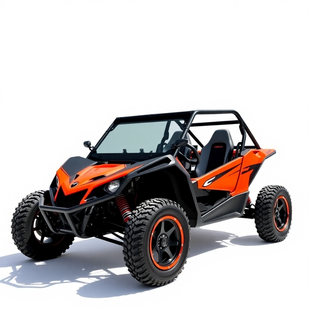 Create a photorealistic image of an ATV parked on a mountain peak overlooking a vast panorama of valleys and mountains. The sky is clear and blue, and the lighting is crisp and bright. The image should capture the breathtaking beauty of the landscape.