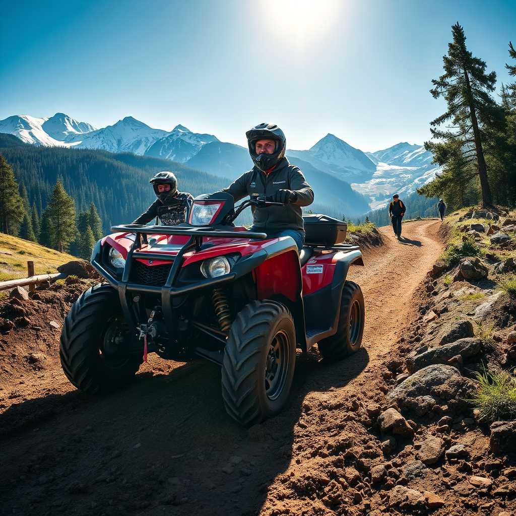 Capture a breathtaking, photorealistic header image showcasing the thrill of ATV riding in Sinaia. The scene should depict two ATVs navigating a challenging mountain trail, with snow-capped peaks visible in the background under a clear, sunny sky. The riders should be wearing helmets and appropriate gear, expressing joy and excitement. Focus on the texture of the muddy terrain, the robustness of the ATVs, and the crisp mountain air. The lighting should be bright and natural, highlighting the vibrant colors of the surrounding landscape – greens of the forests, blues of the sky, and whites of the snow. Use a wide-angle lens to capture the vastness of the mountains. Style: Hyperrealistic, resembling a professional outdoor adventure photograph. Technical specs: 8K resolution, high dynamic range.