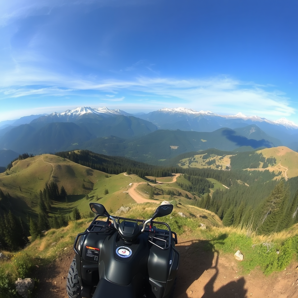 Capture a panoramic view of the Carpathian Mountains, showcasing the breathtaking scenery and natural beauty of Romania. The image should feature rolling hills, dense forests, and snow-capped peaks, with an ATV trail winding through the landscape. The lighting should be dramatic, with shadows and highlights emphasizing the depth and texture of the terrain. Style: Landscape photography. Technical specs: Wide-angle lens, high resolution.